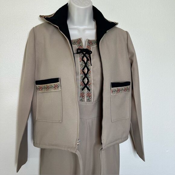 Vintage 70s Jerell of Texas Tan Sleeveless Jumpsuit Jacket Floral Braid Women 5 - Picture 8 of 16